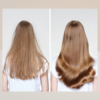 Before and after comparison of long, straight hair on a plain background after using milk_shake argan