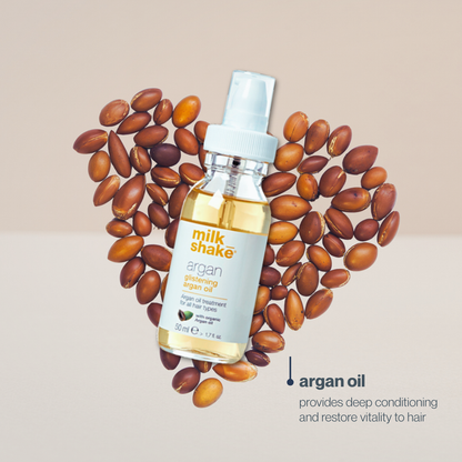 milk_shake Argan oil bottle surrounded by argan seeds on a beige background