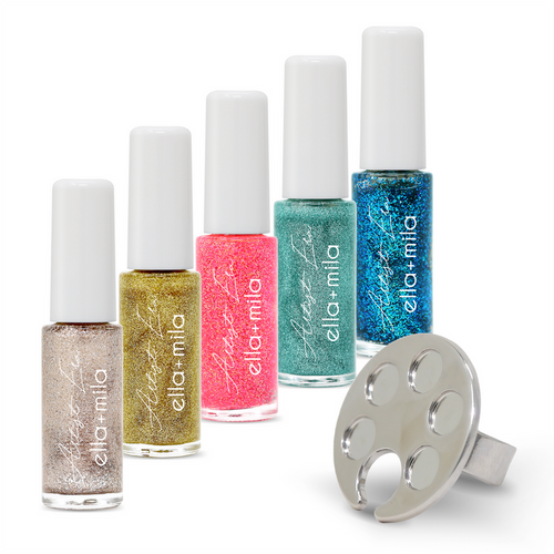 Glitter Era nail art liner set: silver, gold, pink, teal and blue glitter liners with a palette ring – ella+mila Artist Era