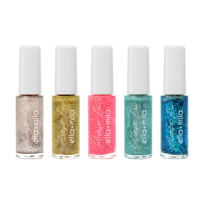 Glitter Era 5 glitter nail art liner bottles: silver, gold, pink, teal and blue
