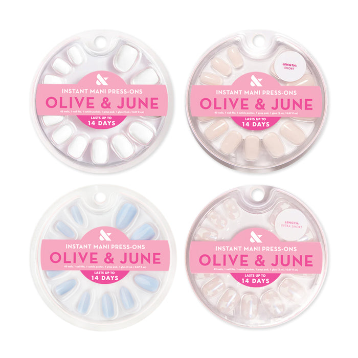 Glue Press-On Bestsellers Set featuring four styles of salon-quality instant mani false nails for easy at home manicure.