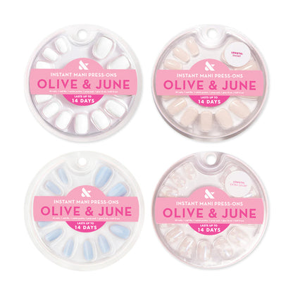 Glue Press-On Bestsellers Set featuring four styles of salon-quality instant mani false nails for easy at home manicure.