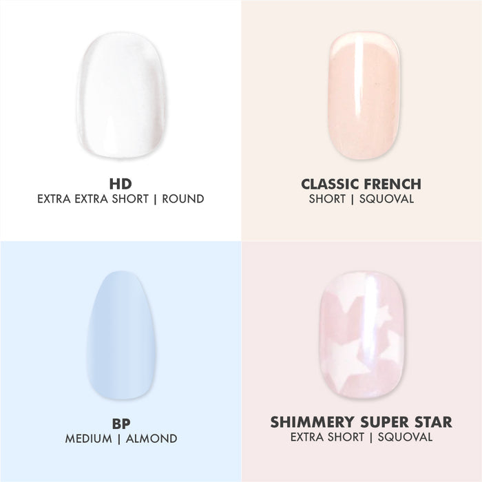 Glue Press-On Bestsellers Set showing four styles of false nails in various shapes and soft neutral shades for easy at home mani