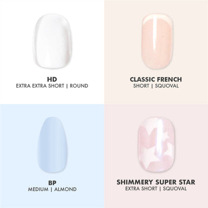 Glue Press-On Bestsellers Set showing four styles of false nails in various shapes and soft neutral shades for easy at home mani