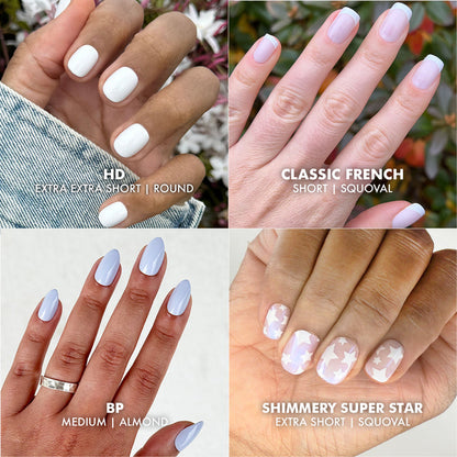 Glue Press-On Bestsellers Set showing four nail styles in neutral and pastel shades for quick press-on manicure looks