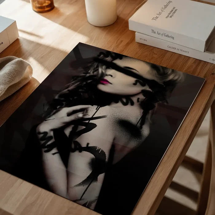 Striking graffiti art print on thick paper featuring a model with spray paint marks and vibrant pink lips.