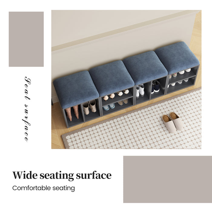 Guyii Velvet Shoe Stool with Padded Seat, Blue Entryway Stools with Storage, Multi-Functional Stool