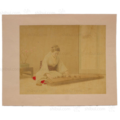 Hand Tinted Albumen of a Koto Player | Antique Japanese Photograph