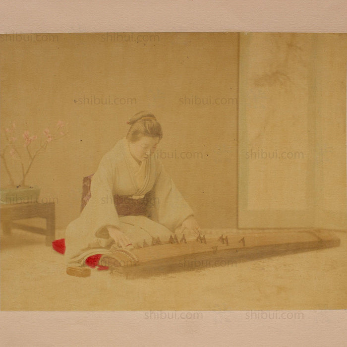 Hand Tinted Albumen of a Koto Player | Antique Japanese Photograph