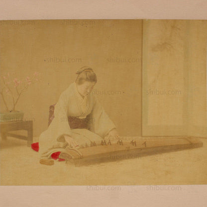 Hand Tinted Albumen of a Koto Player | Antique Japanese Photograph