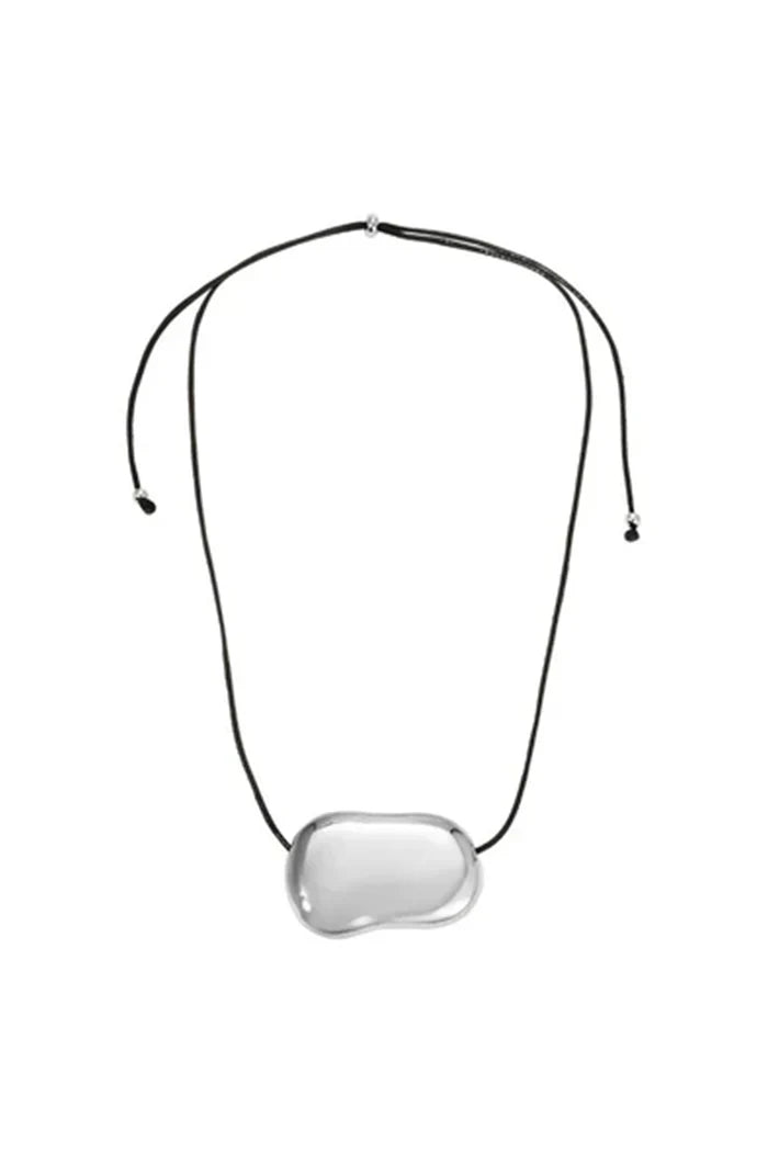 Necklace with a rectangular silver pendant on a white background