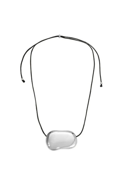 Necklace with a rectangular silver pendant on a white background