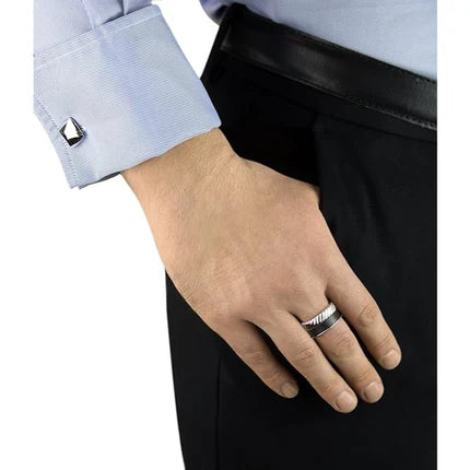 Hoxton London' Men's Sterling Silver Twist Leather Inlay Ring