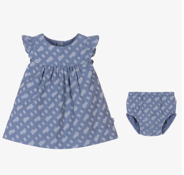 HUGO BOSS Baby Girls Blue Monogram Cotton Dress