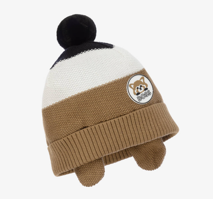 HUGO BOSS Boys Beige Striped Knit Pom-Pom Hat