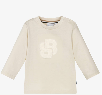 HUGO BOSS Boys Ivory Long-Sleeve Top with Bouclé Double B Monogram Logo