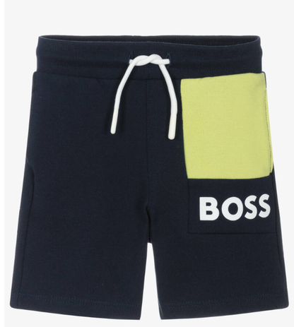 HUGO BOSS Boys Navy Blue Cotton Shorts With Green Pocket