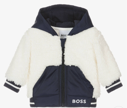 HUGO BOSS Boys Navy Blue & White Faux Fur Coat