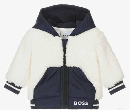 HUGO BOSS Boys Navy Blue & White Faux Fur Coat
