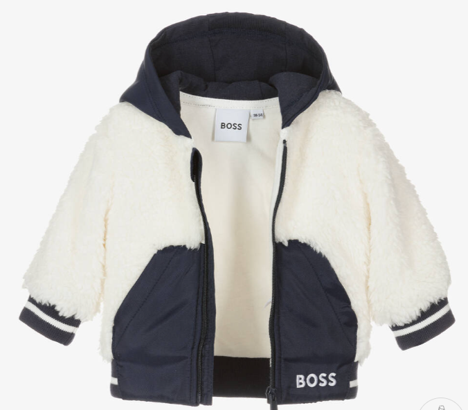 HUGO BOSS Boys Navy Blue & White Faux Fur Coat