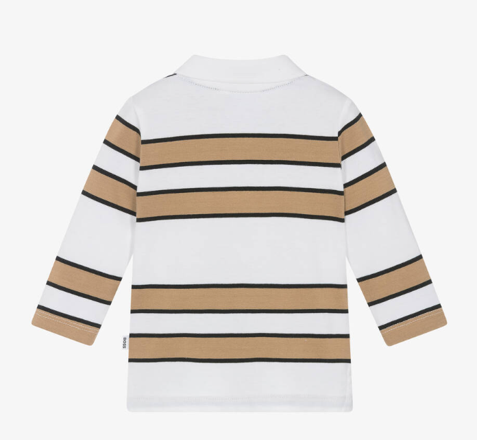HUGO BOSS Boys White & Beige Striped Cotton Polo Shirt