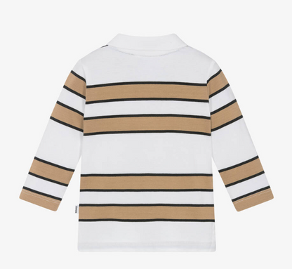 HUGO BOSS Boys White & Beige Striped Cotton Polo Shirt