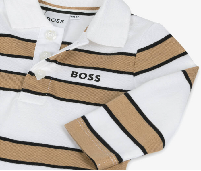 HUGO BOSS Boys White & Beige Striped Cotton Polo Shirt