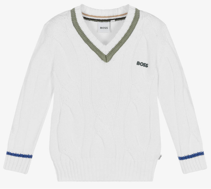 HUGO BOSS Boys White Cotton Logo Sweater