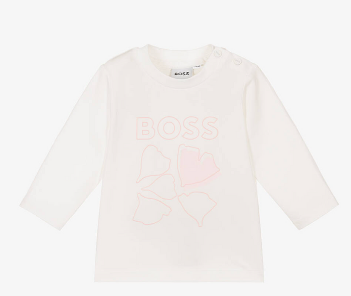 HUGO BOSS Girls Ivory Cotton Ginkgo Leaf Top