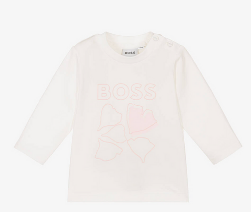 HUGO BOSS Girls Ivory Cotton Ginkgo Leaf Top