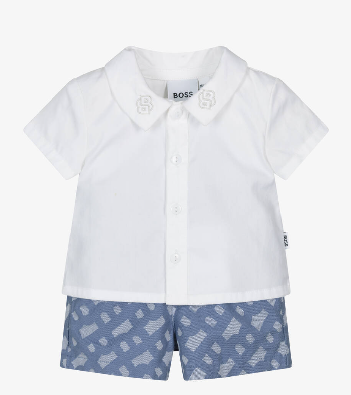 HUGO BOSS White & Blue Cotton Shorts Set