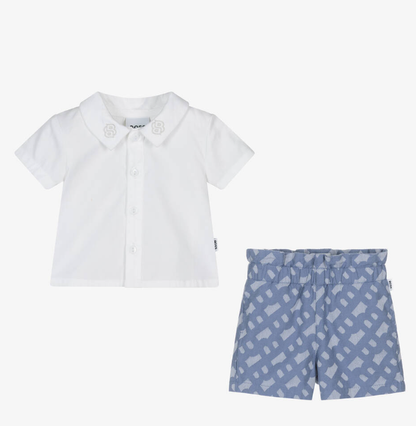 HUGO BOSS White & Blue Cotton Shorts Set