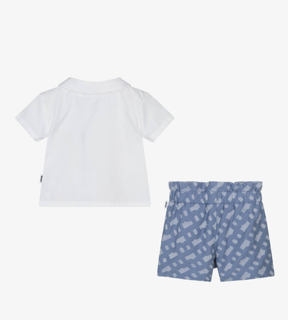 HUGO BOSS White & Blue Cotton Shorts Set