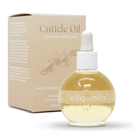 Hydrating Vanilla Dream cuticle oil round dropper bottle with its retail box – ella+mila