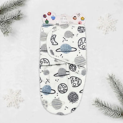 Imported Plush Fleece Newborn Adjustable Swaddle Wrap – White Planets | Soft Infant Baby Wrap 19×13 Inches