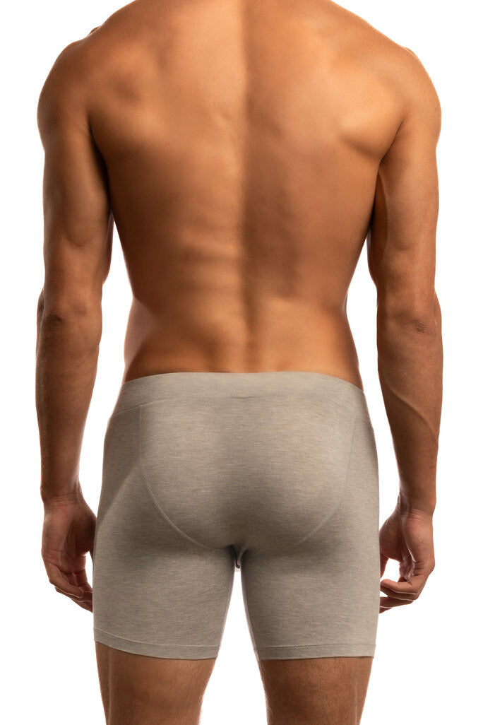 Shirtless man standing in front of a white background wearing a pair of Jack Adams In Motion Boxer Briefs in heather grey (back view)