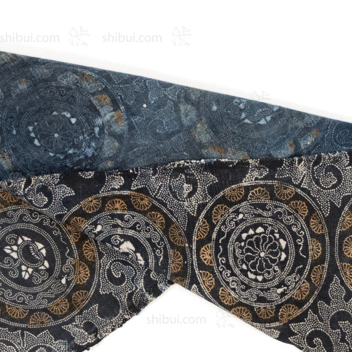 Japanese Indigo Katazome Panel Textile Arabesque Pattern with Flowers