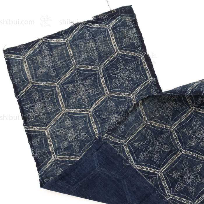 Japanese Indigo Katazome Panel Textile Snowflake Flower Pattern