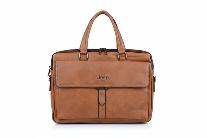 Jeep Brand Men's Tan Leather Briefcase - white background