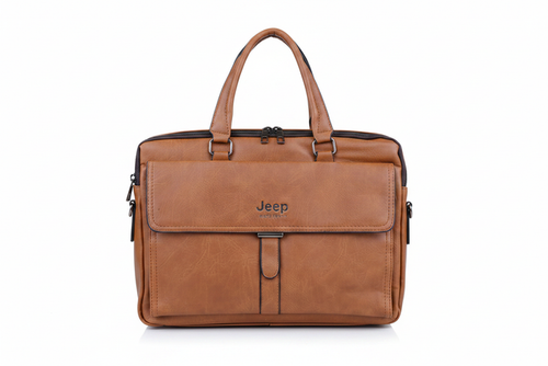Jeep Brand Men's Tan Leather Briefcase - white background