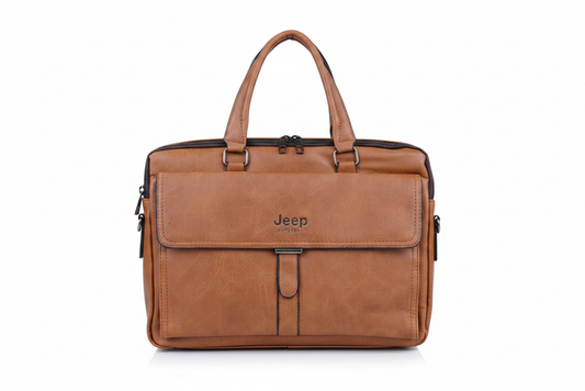 Jeep Brand Men's Tan Leather Briefcase - white background