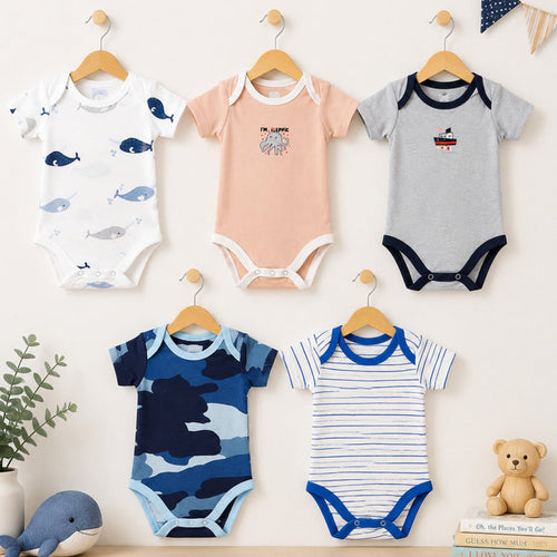 Junior's - Pack of 5 - Short Sleeve Bodysuits - Blue - Stripes