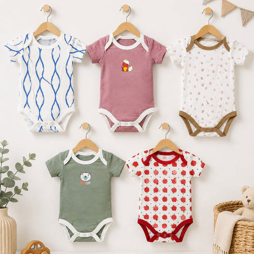Junior's - Pack of 5 - Short Sleeve Bodysuits - Red - Apples
