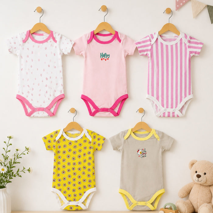 Junior's - Pack of 5 - Short Sleeve Bodysuits - Yellow - Flowers