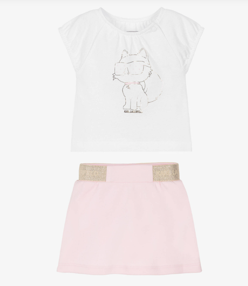 KARL LAGERFELD Baby Girls White & Pink Jersey Choupette Top & Skirt Set