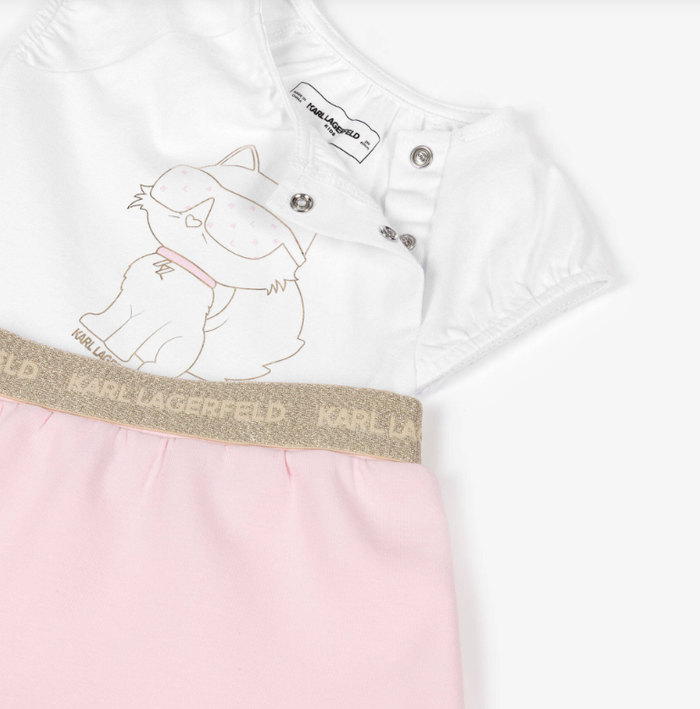 KARL LAGERFELD Baby Girls White & Pink Jersey Choupette Top & Skirt Set