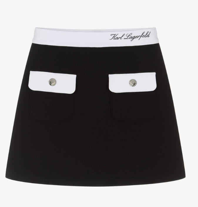 KARL LAGERFELD Girls Black Double Jersey Skirt with Contrast White Trim