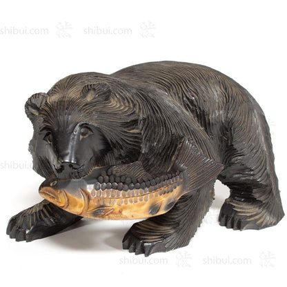 Kibori Kuma | Hand Carved Wood Bear | Japanese Hand Carved Bear with Salmon