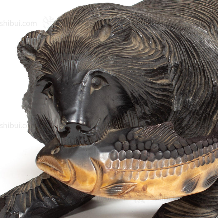 Kibori Kuma | Hand Carved Wood Bear | Japanese Hand Carved Bear with Salmon