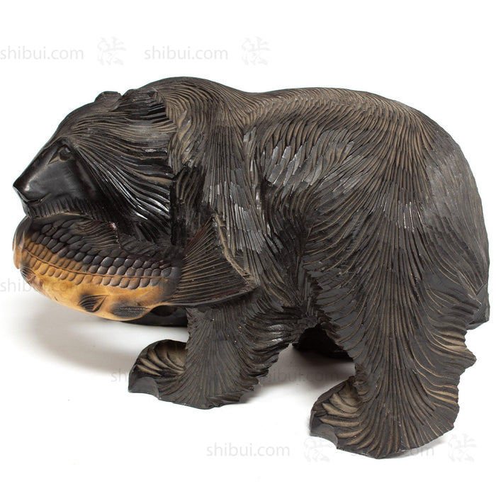 Kibori Kuma | Hand Carved Wood Bear | Japanese Hand Carved Bear with Salmon